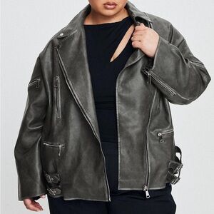 Grunge Princess Poll Moto Style Jacket Faux Leather Washed Charcoal Plus Size